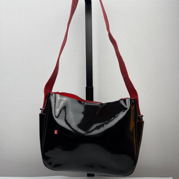 Bally Black Patent Leather Adjustable Red Strap Shoulder Bag - Picture 1 of 4